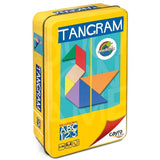 Tangram de madera en caja de metal.