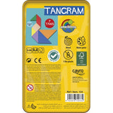 Tangram de madera en caja de metal.